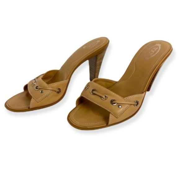 TODS Beige Tan Leather Classic Open Toe Heels Size 8.5 Wooden Block Heel Shoes - Picture 3 of 8